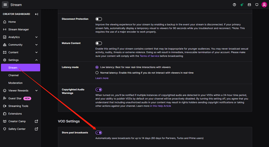 toggle on the Store past broadcasts button