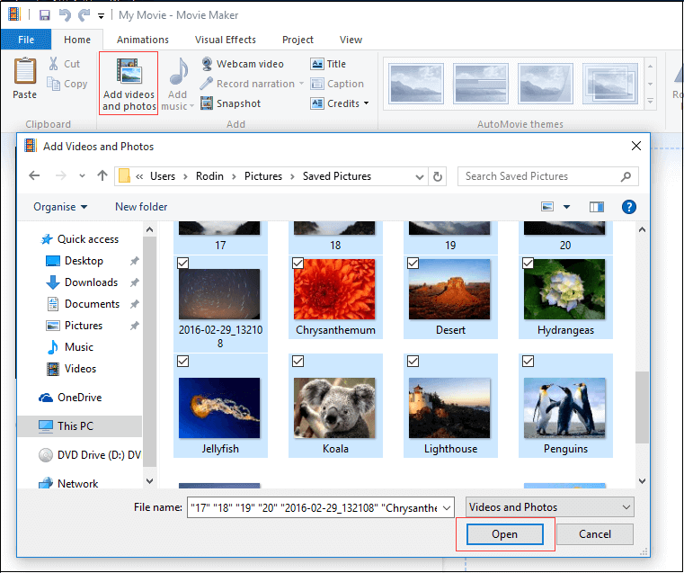 agregar fotos a Windows Movie Maker