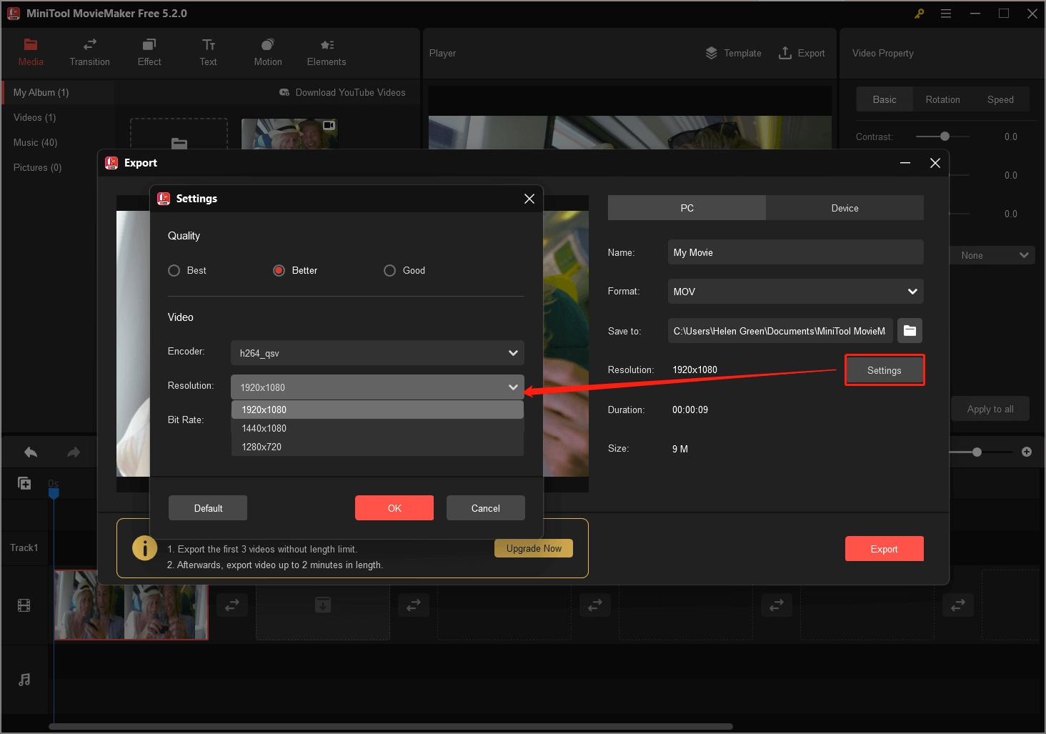 MiniTool MovieMaker cambia la resolución de video gratis