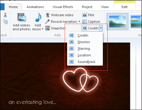 Windows Movie Maker puede ayudar a agregar créditos, director, protagonista, ubicación o banda sonora
