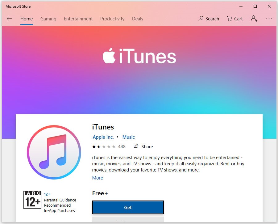 haga clic en el botón Obtener para descargar iTunes