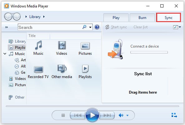haga clic en el botón Sincronizar en la interfaz de Windows Media Player