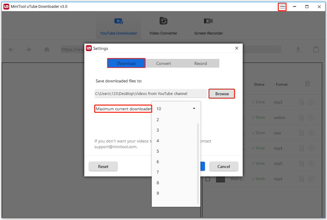 modificar la configuración de descarga