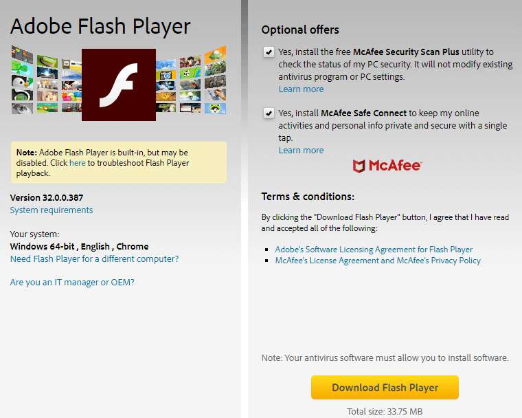 descargar Adobe Flash Player desde el sitio web oficial