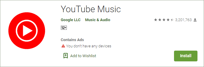 YouTube Music en el sitio web de Play Store