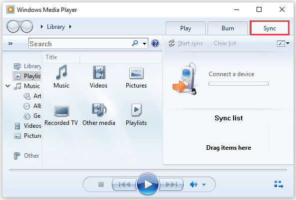 cliquez sur le bouton Sync sur l'interface de Windows Media Player