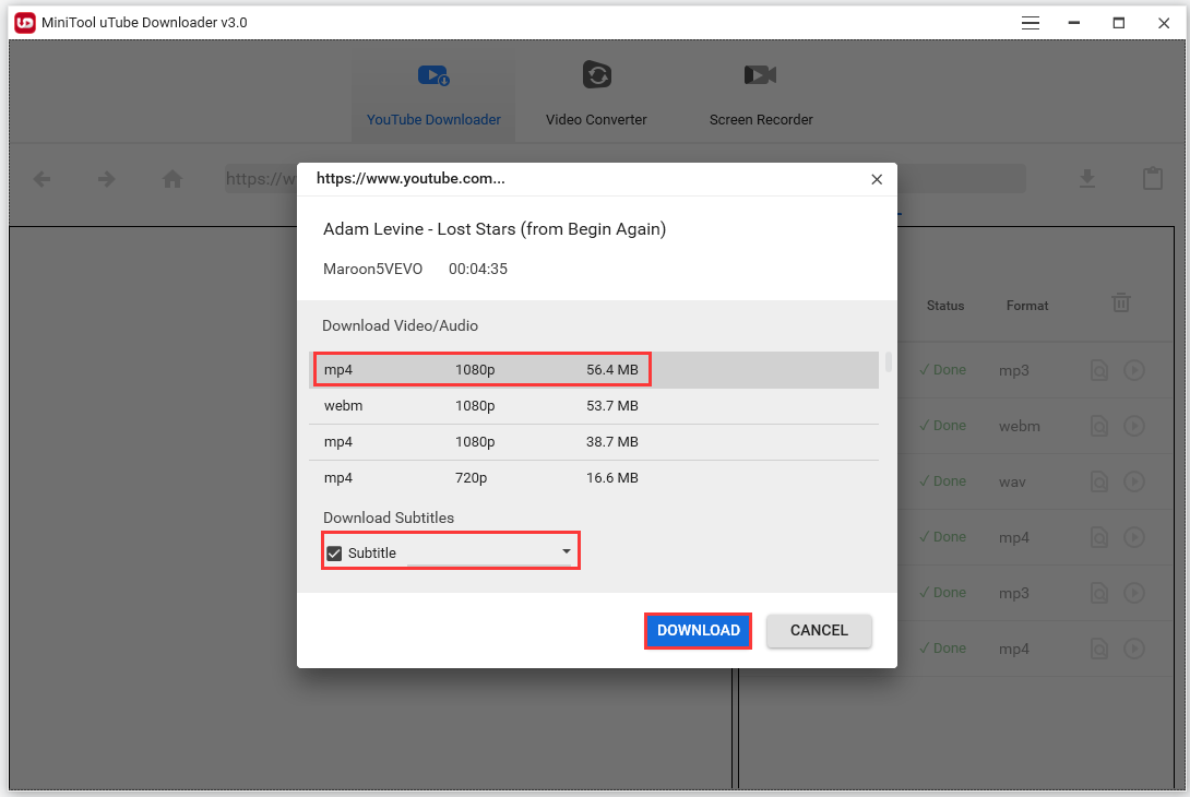 cliquez sur le bouton TÉLÉCHARGER après avoir choisi un format de fichier et une résolution vidéo