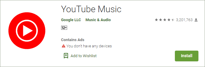 YouTube Music sur le site Web du Play Store