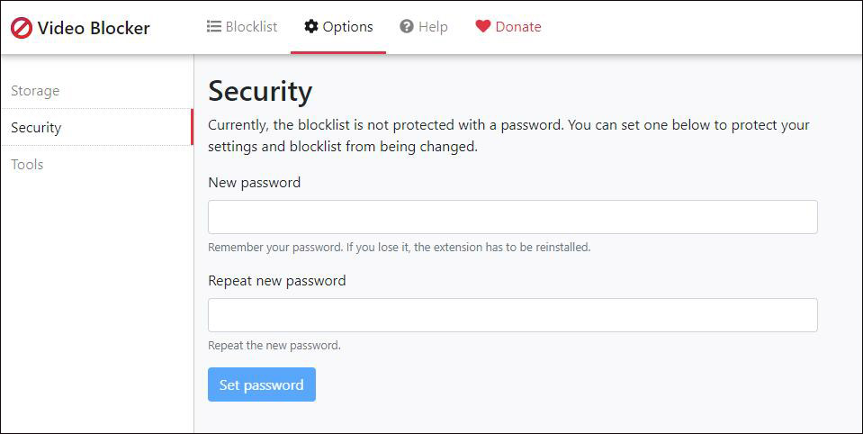 ブロックリストを保護するパスワードを設定する