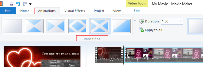 adicionar transições entre clipes