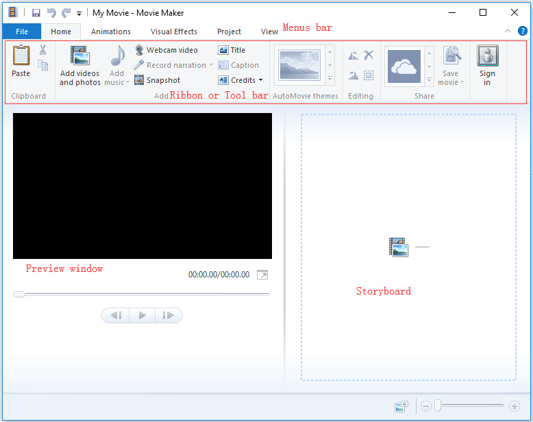 a interface principal do Window Movie Maker